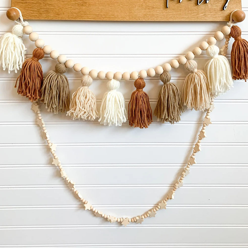 ins Nordic Style Handmade Wooden Bead String Wool Tassel String Home Children's Room Decorative Wall Hanging Wall Hanging