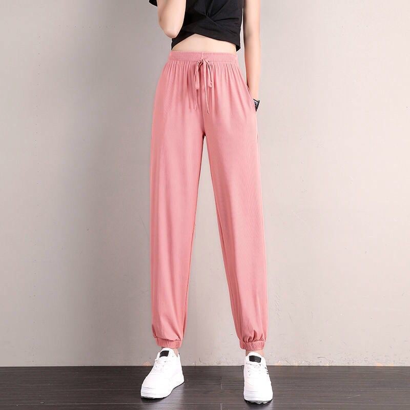 Ice Silk Sports Pants for Female Students Korean-style Loose Large Size Slimming Summer Thin Casual Sweatpants Draping Ankle-length Pants for Women