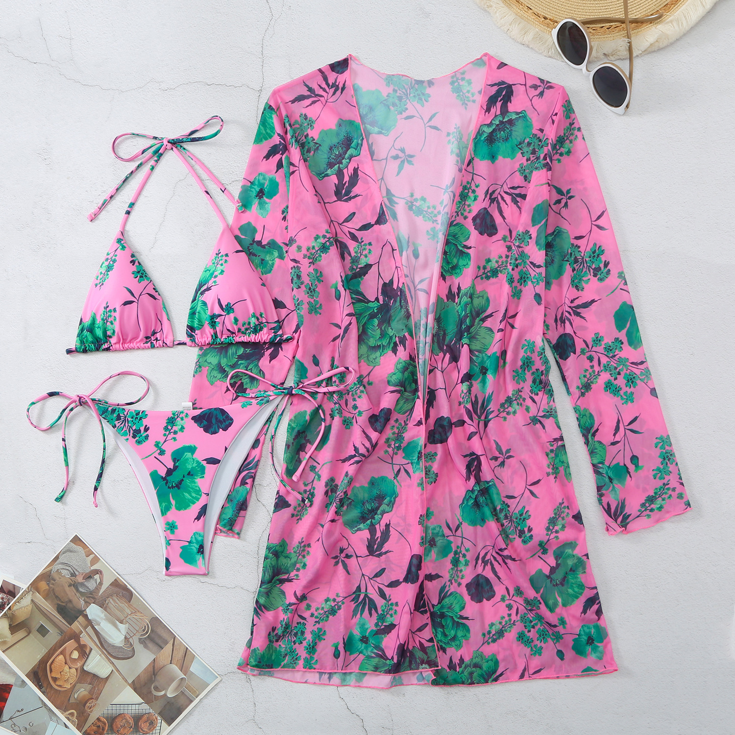 2024 European and American mesh sunscreen blouse vacation swimsuit Amazon mesh three-piece bikini split swimsuit