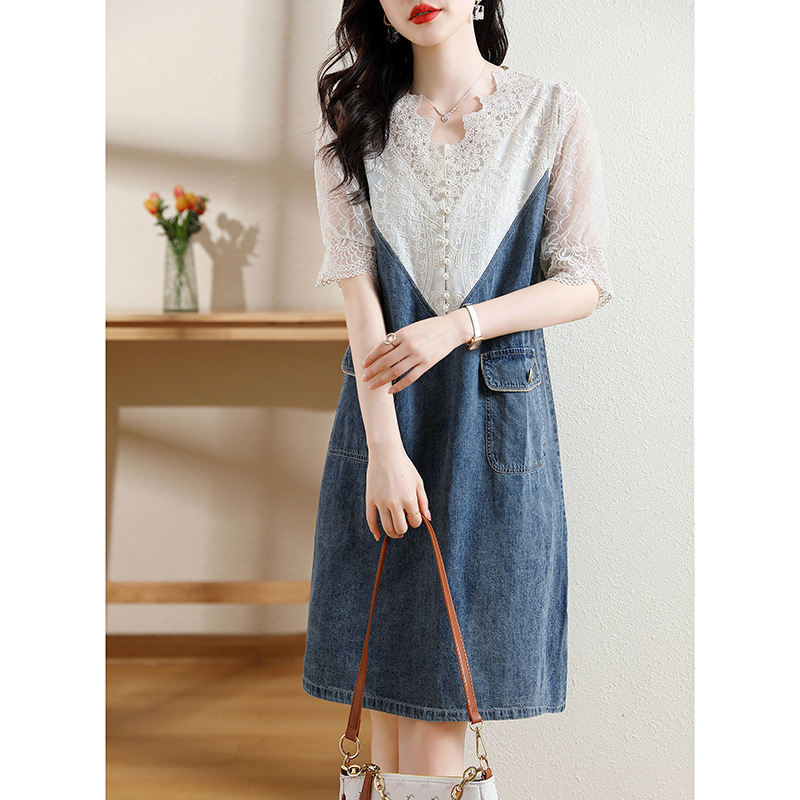 Real shot of V collar fake two-piece large size denim skirt for women summer new fat m loose temperament lace splicing dress