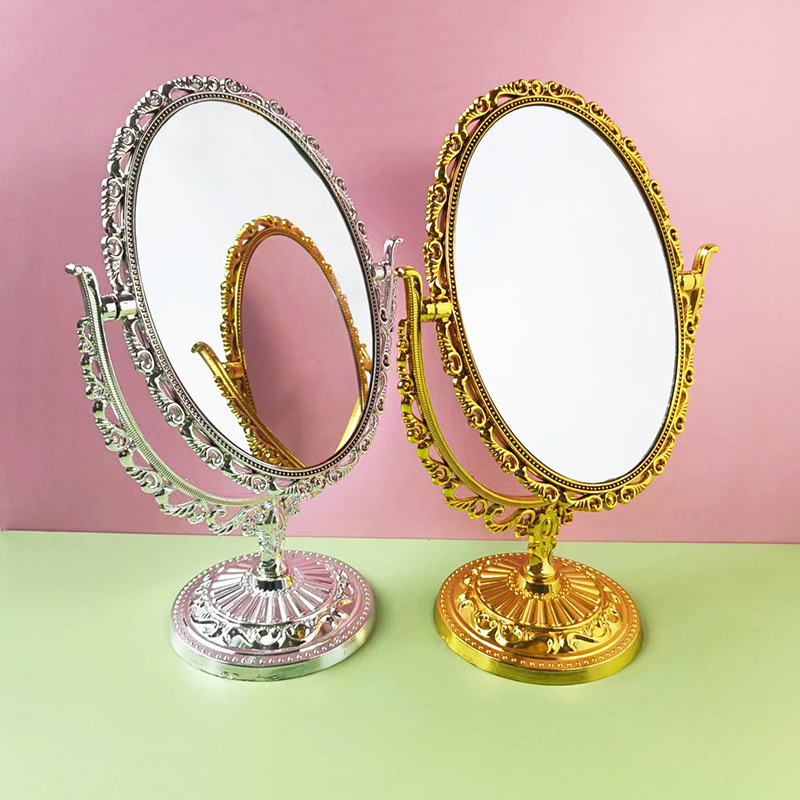 Round Oval double-sided rotating table mirror retro imitation gold imitation silver table dressing mirror Lace makeup mirror wholesale