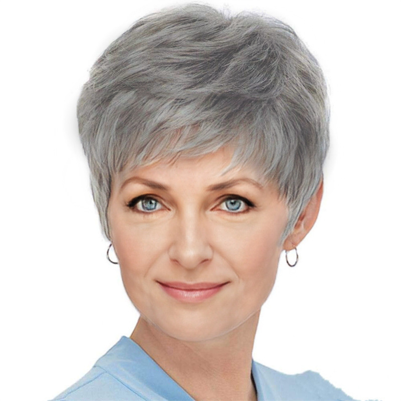 Overseas TikTok Hot Wig Women's Grandma Grey Side Short Straight Hair Middle-aged and Elderly Breathable Wig Full Head Cover Wholesale