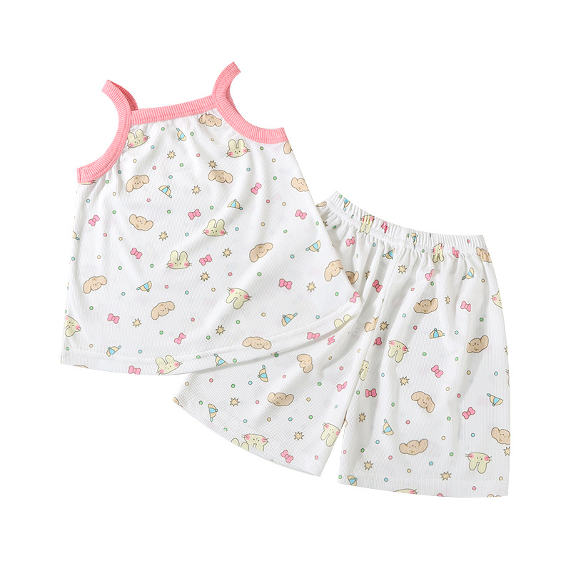 Children's New Ice Silk Vest Shorts suit Girls Going Out Cool Sling suit Baby Home Clothes Air-conditioning Clothes