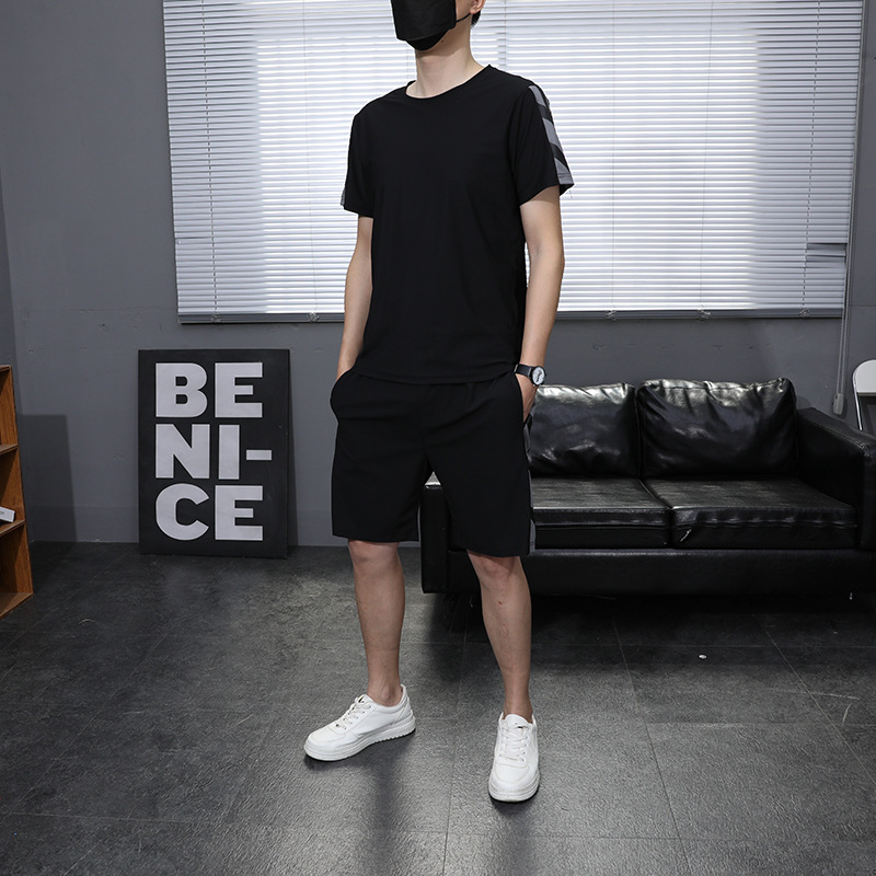 Summer Trendy Brand suit Men's Casual Ice Silk Men's T-shirt Loose Sports Quick-drying Shorts Thin Short-sleeved Men's Trendy