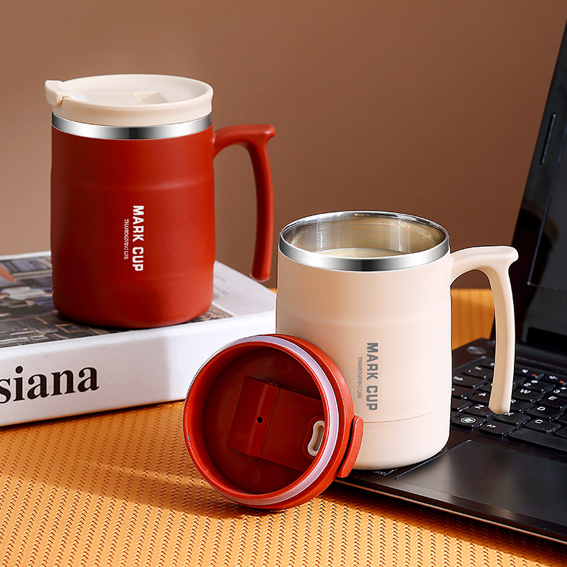 304 Stainless Steel Mug Portable Coffee Cup Thermos Cup Household Red Breakfast Cup with Spoon Lid Office Water Cup