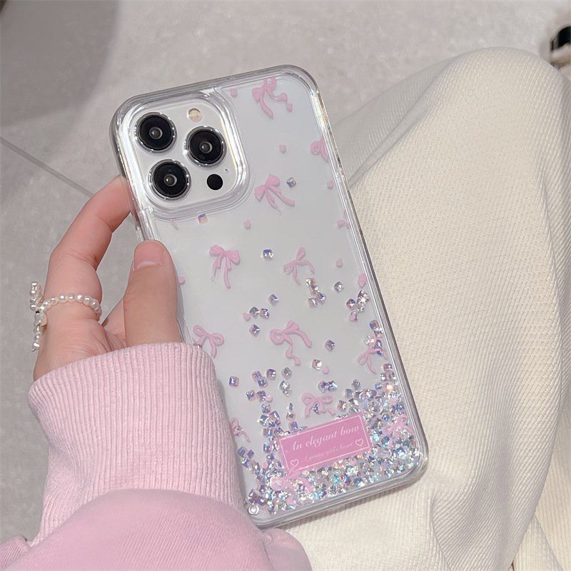 透明水鑽流沙蝴蝶結適用iphone15Promax蘋果13/14手機殼11/12少女