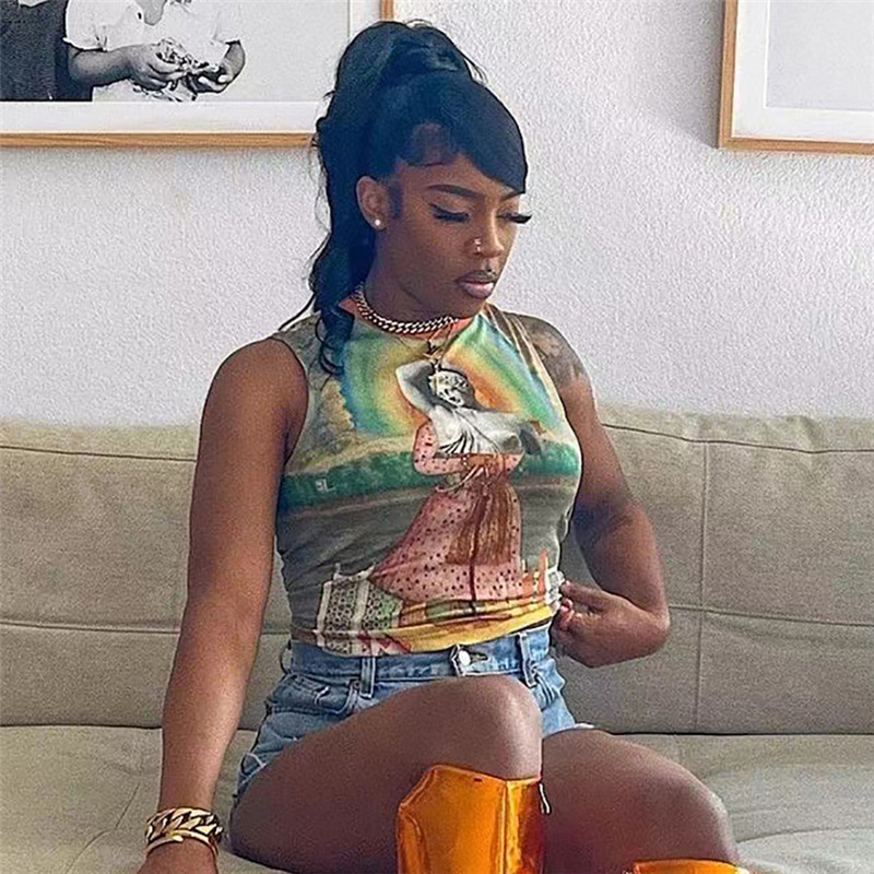 European and American Style 2023 Summer New Cross-border Women's Round Neck Sleeveless Contrast Color Printed Slim-fit Navel Small Vest for Women
