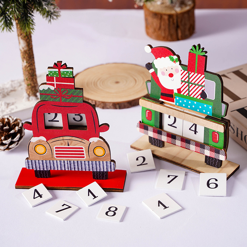 New Christmas Decorative Wooden Car Santa Calendar Painted Santa Claus DIY Gift Ornaments
