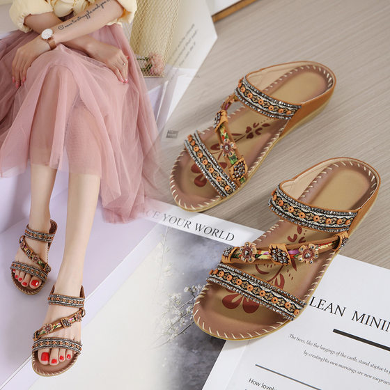 Cross-border foreign trade 2024 rhinestone flowers Bohemian style sandals female ethnic plus size toe flat sandals female
