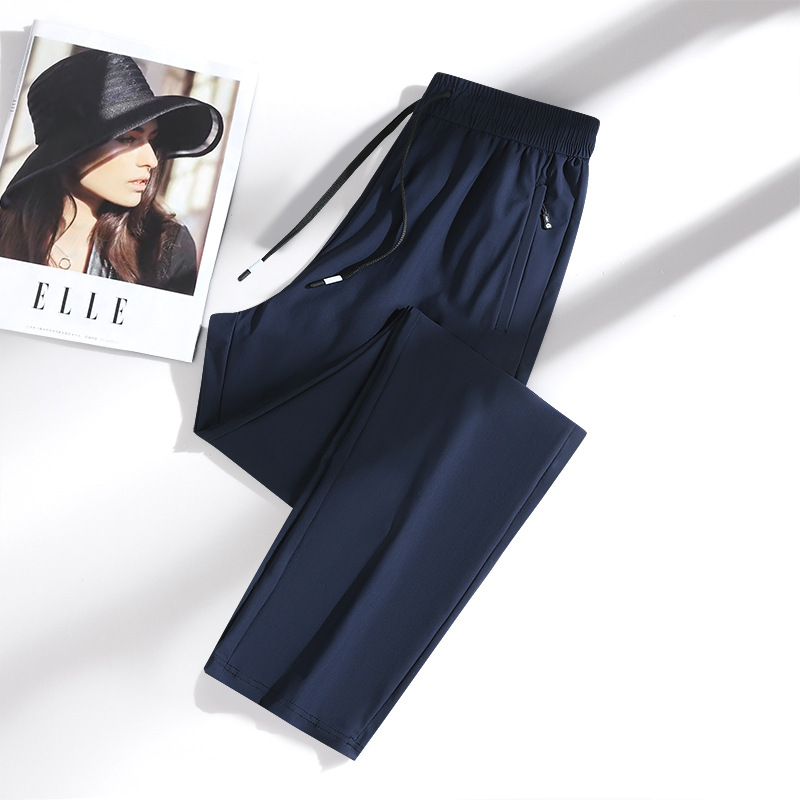 New Ice Silk Thin Strip Casual Sports Loose Pants Men's Straight Nail Front and Back Pocket Nylon High Elastic Pants