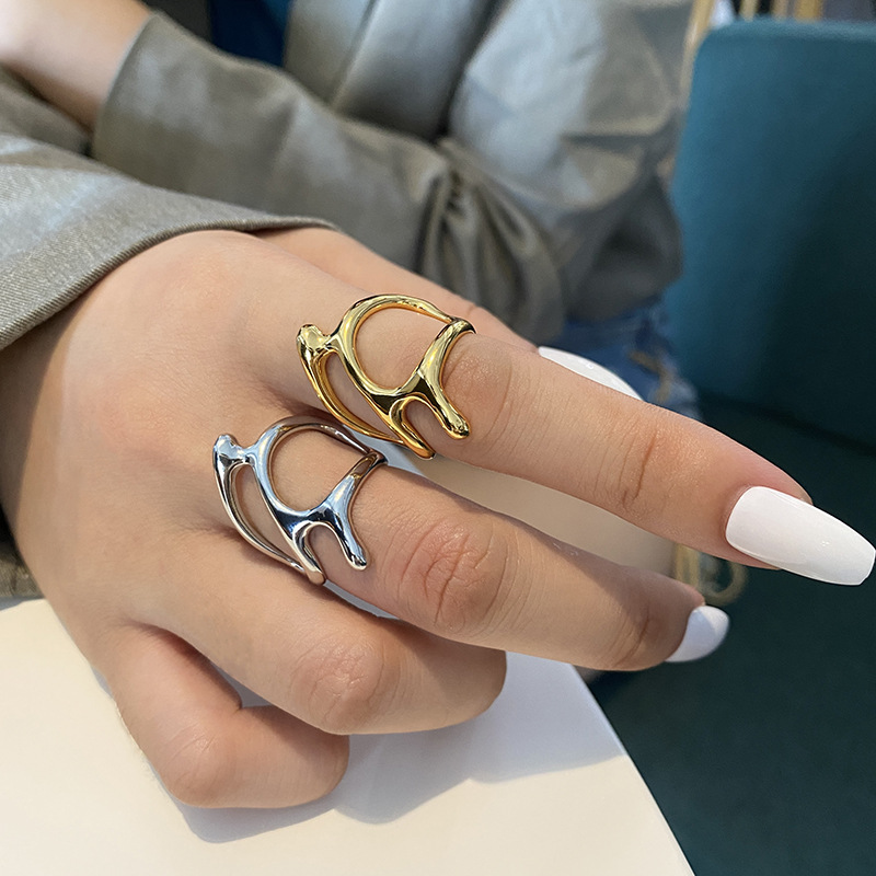 時尚歐美風不規則幾何形金屬質感戒指女個性街拍港風開口關節指環