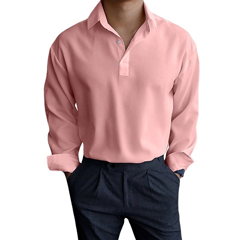 Spring and autumn lapel solid color new pullover lapel shirt men's long sleeve shirt top