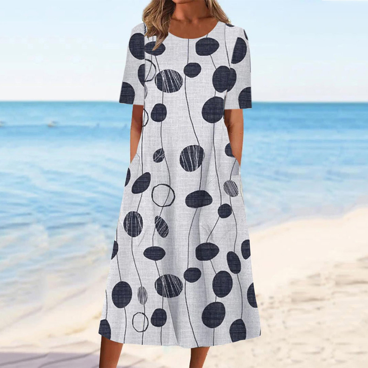 2023 cross-border hot sale Amazon summer casual women's clothing dress round neck printed elegant pocket
