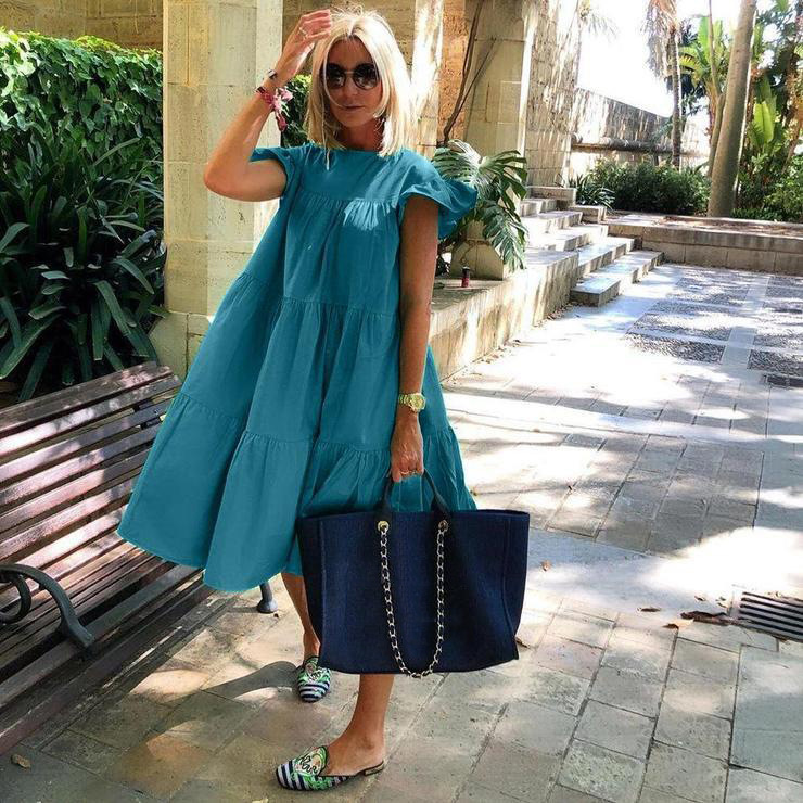 Summer Vintage Floral Print Loose Large Size Women's Casual Round Neck Short Sleeve Dress Short Dress