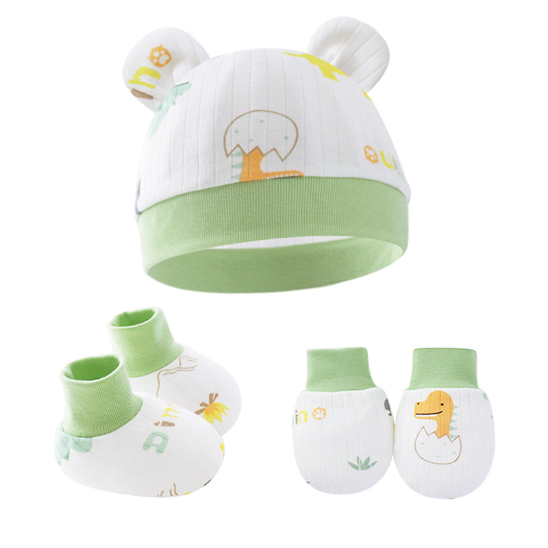 2023 Foreign Trade Newborn Fetal Hat Baby Hat Cotton Printed Anti-scratch Gloves Foot Cover Baby Hat Three-piece Set