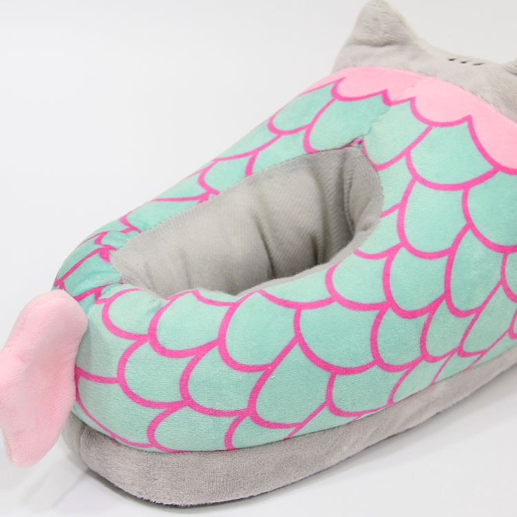 Pantoufles en peluche de dessin animé sirène gros chat gris, chaussures d'intérieur et d'hiver pour la maison, pantoufles en coton avec chat mignon, chaussures de lune pour femmes_voghion.com