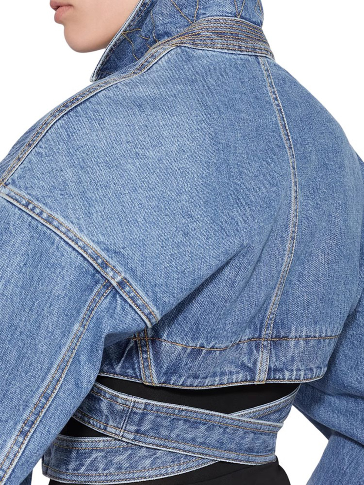 Niche design top coat 2024 spring cross cardigan hollow-out waist lace-up short women's Denim jacket
