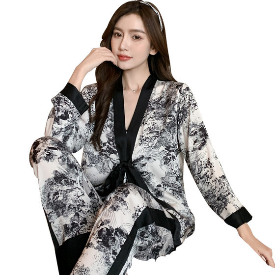 Pajamas Women's Spring and Autumn New Fashion Black and White Printed Home Clothes Thin Ice Silk Long Sleeve Trousers plus size suit 566