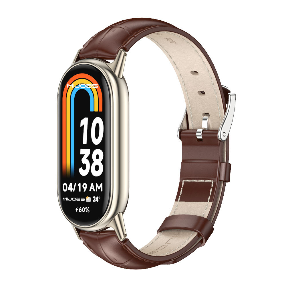 Mibbs Suitable for Mi Band 9 8 Double Ring Leather Wristband Head Layer Calf Leather Strap Thickened Bamboo Leather