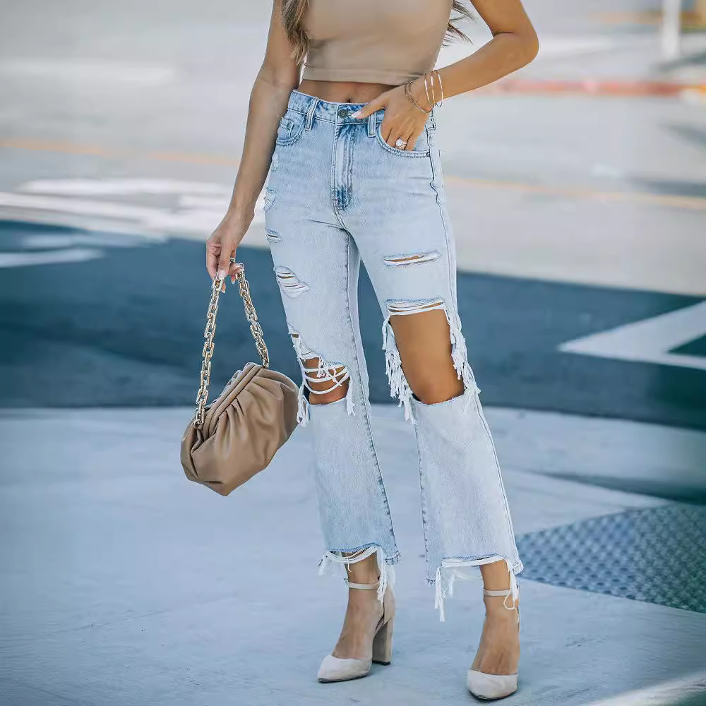 Amazon jeans for women 2023 new cross-border European and American casual washed wish ripped high waist straight pants