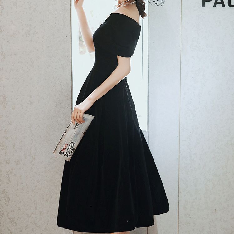 Black Evening Dress Dress Women's Slimming plus size off-shoulder Banquet Elegant Fashion Annual Meeting Dress Long Small Summer