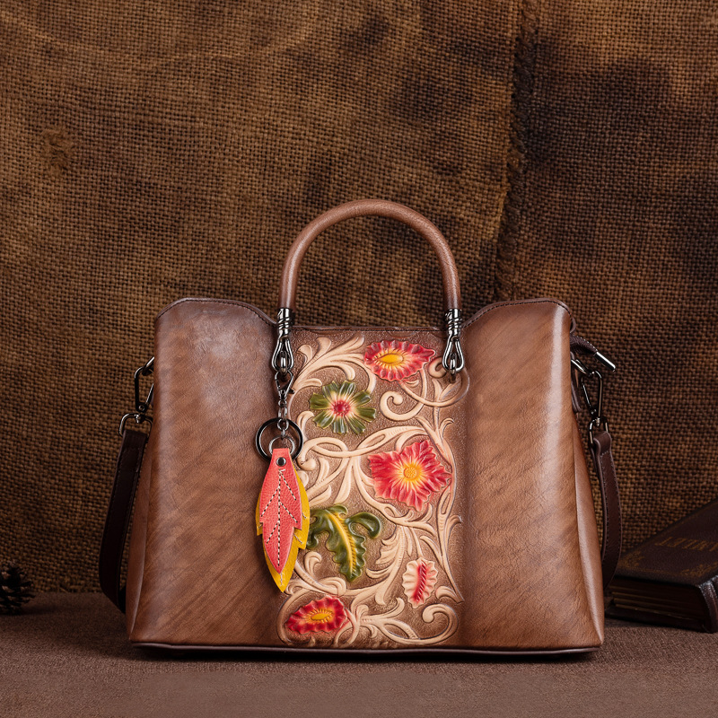 Vegetable Tanning Top Layer Cowhide Vintage Genuine Leather Women's Bag Handbag Crossbody Bag Embossed Color Simple Large Capacity High-end Sense
