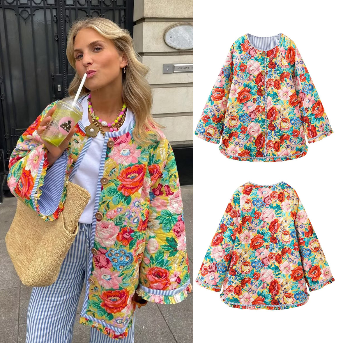 AliExpress women's clothing wholesale 2023 autumn flower print loose quilted cotton coat coat women's top MG37