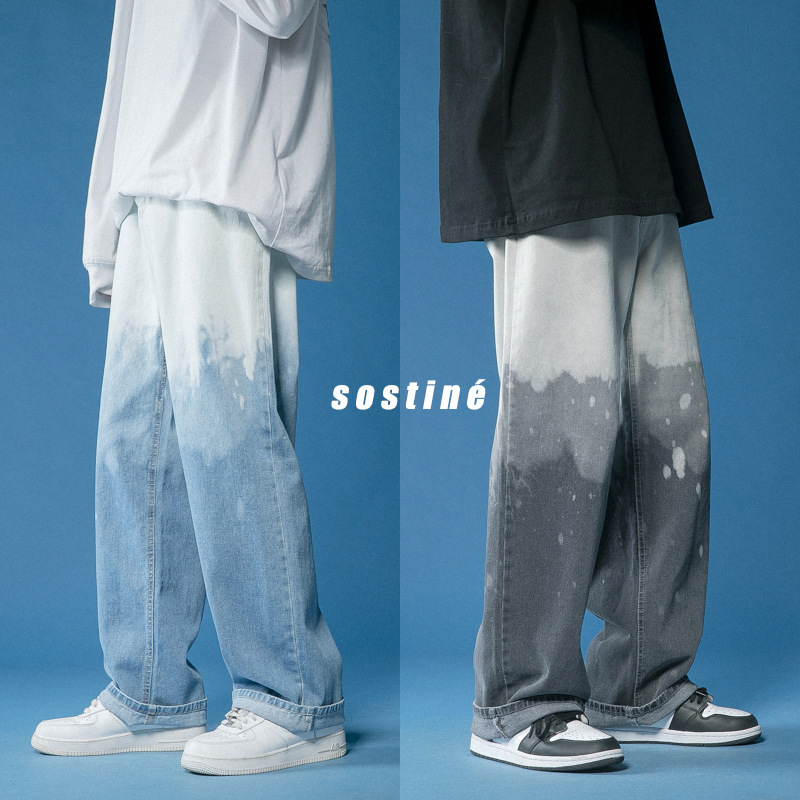 Tie-Dye Gradient Color Jeans Men's Summer Trendy Hong Kong Style Casual Pants Korean Style Trendy Brand Pendant Wide Leg Pants