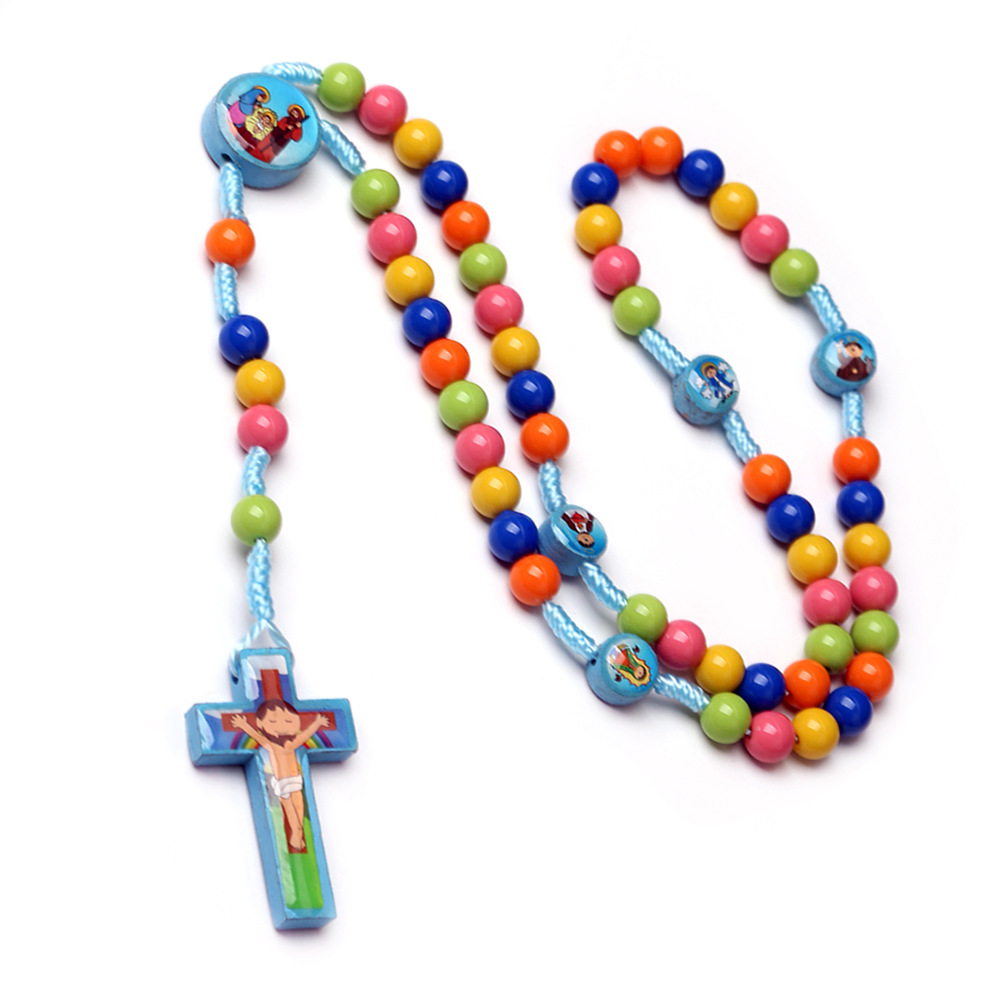[Spot] children's colorful rosary necklace color beaded cartoon cross Amazon cross-border jewelry wholesale