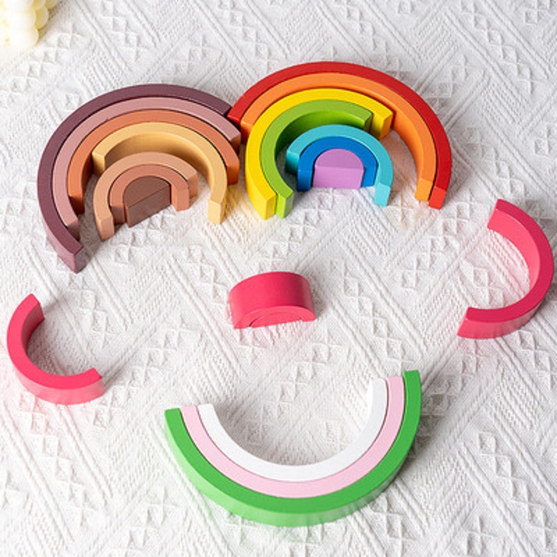 Yurun Rainbow Building Blocks Wooden Children's Combination Assembled Puzzle Stacking Music Mengshi 0-3 Years Old Early Education Cognitive Toy