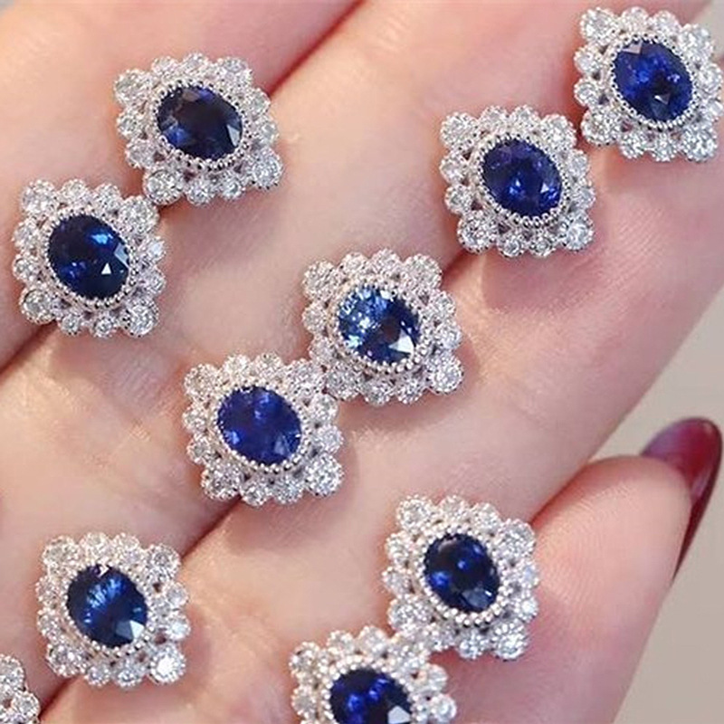 Cao Shi Live Online Celebrity Vintage Earrings New Arrival Diamond Sapphire Blue Zircon Flower-Shaped Earrings Trendy Earrings for Women