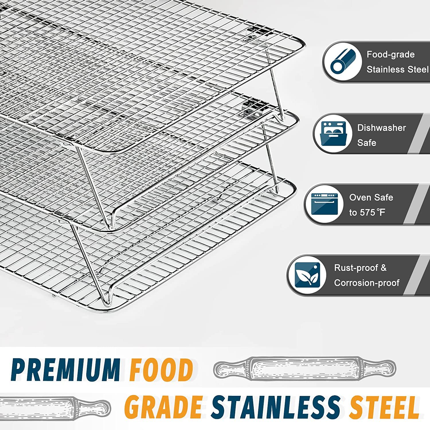New Cake Three-layer Cooling Rack 304 Stainless Steel Foldable Baking Tray Drying Net Baking Tools Oil Drying Net