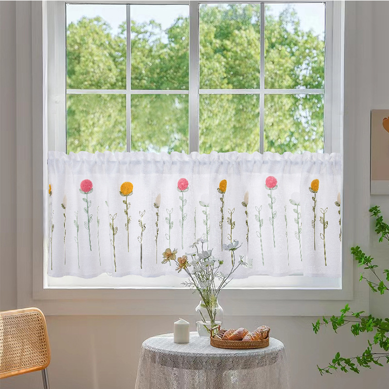 Factory direct linen yarn embroidered short curtain small fresh short curtain wearing Rod short curtain kitchen coffee curtain foreign trade cross-border