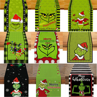 Grinch decorative table runner linen oil-proof table mat Christmas monster movie character printing table towel factory wholesale