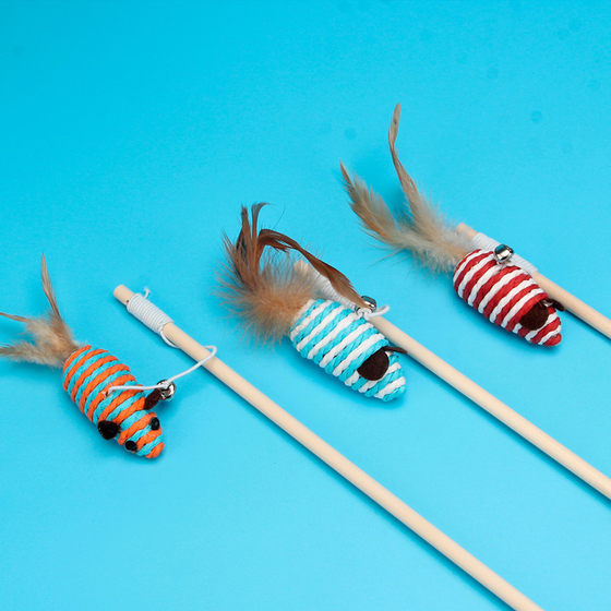 Pet Supplies Interactive Self-Hi Wooden Cat Tease Pole Cat Feather Bell Mouse Toy Detoxification Wooden Pole Cat Tease