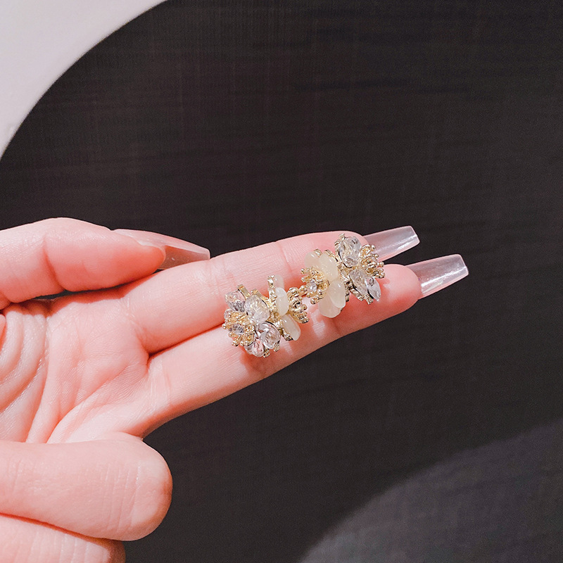 韓式甜美個性復古水晶貓眼石雙面花朵耳扣小眾設計高級感氣質耳環