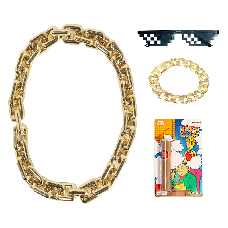 Internet Celebrity Hip-Hop Exaggerated Plastic Tuhao Big Gold Chain Men's Simulation Kuso Props Sunglasses Fake Gold Necklace Super Thick