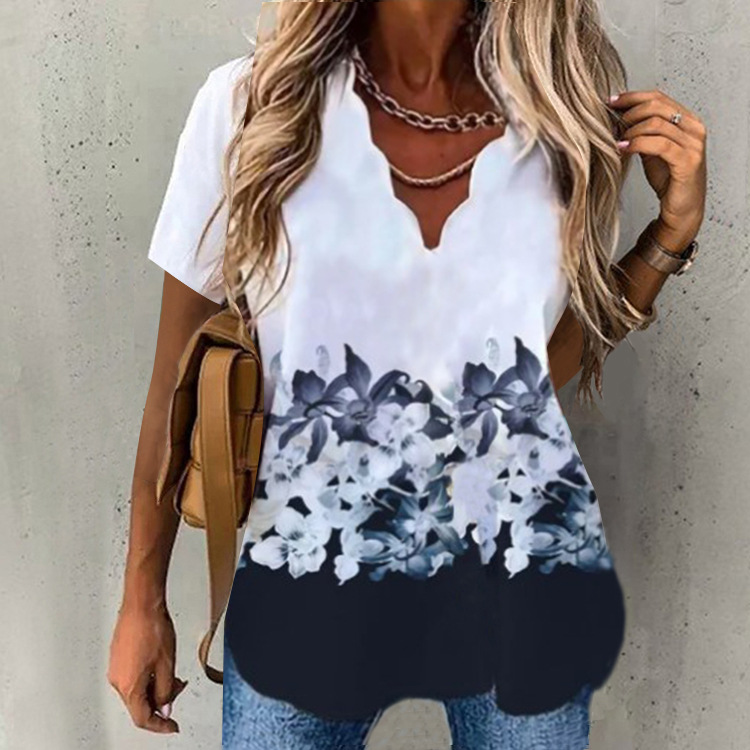 2024 Amazon cross-border European and American autumn new women's short-sleeved loose printed wave collar printed women's T-shirt