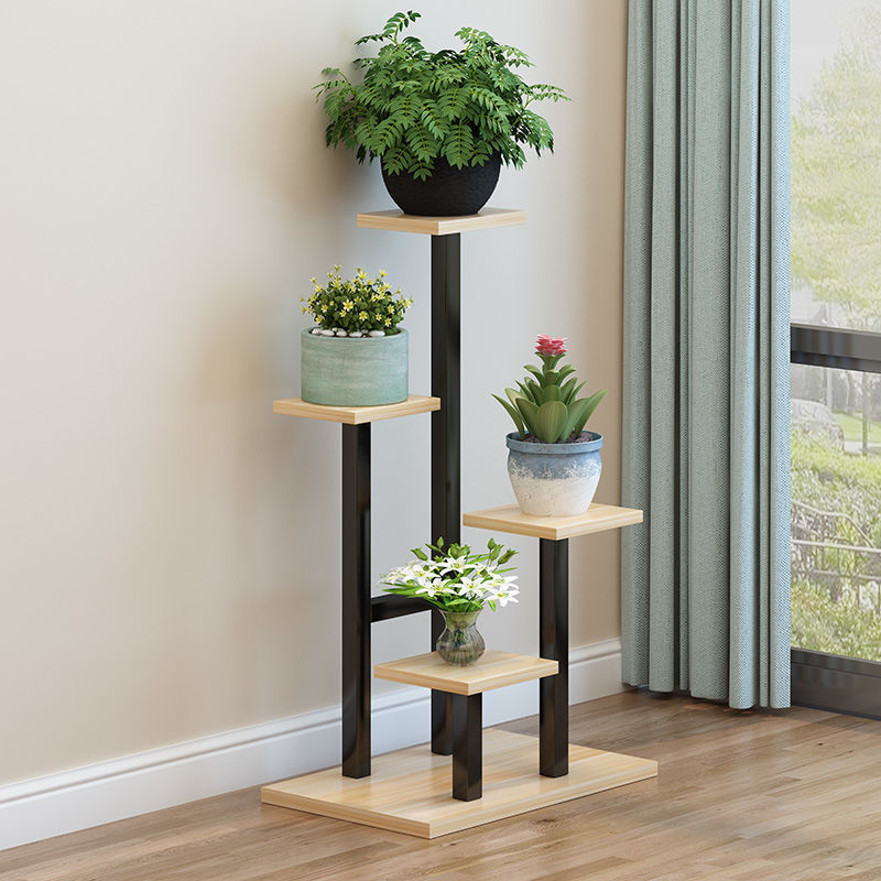 Balcony Wrought Iron Flower Shelf Living Room Decorative Flower Pot Rack Green Rose Floor-standing Flower Rack Indoor Multi-layer Steel and Wood Storage Rack
