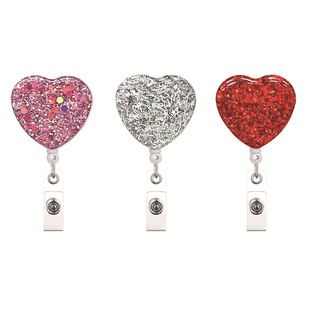 Cross-border spot glitter love easy-pull buckle glitter powder rotating crocodile clip easy-to-pull nurse scroll Badge clip