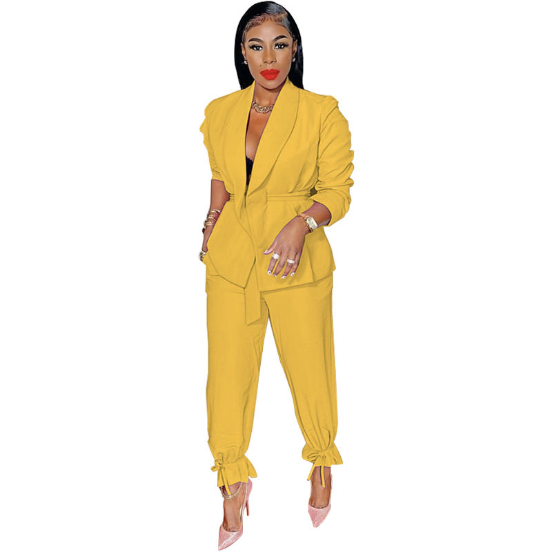 211276 Spring and Autumn new European and American solid color lace-up long-sleeved small suit top fashion casual ankle-tied pants suit