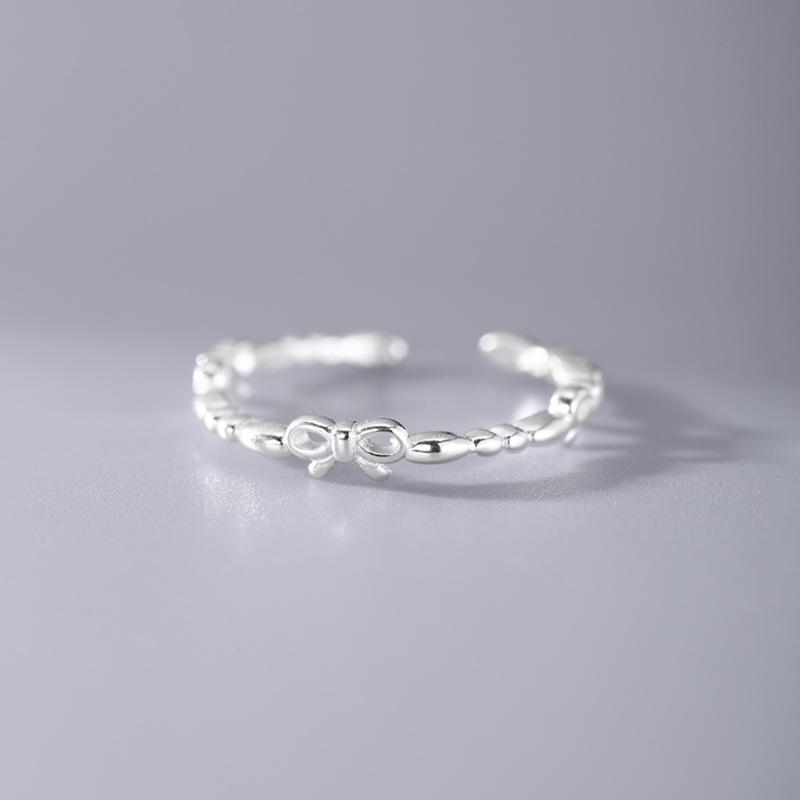 Sterling Sëlwer Schleifenring Damen Einfache Séiss Léif Dame Elegant Klengen Distinguéierten Oppene Ring 0020_voghion.com