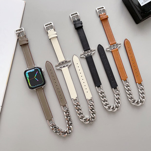 Double-loop stainless steel chain stitching leather strap for Apple applewatch10 generation iwatch9876SE5