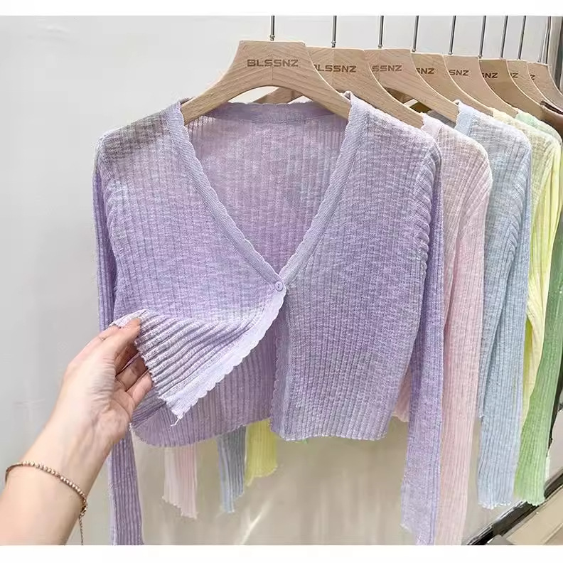 Ice silk cardigan long sleeve summer black thin sweater outer wear short air conditioning shirt sun protection clothing shawl top for women