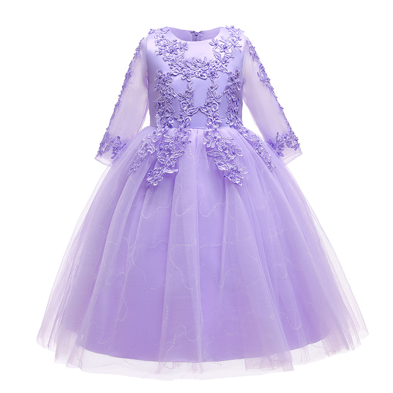 Flower girl dress long sleeve Princess sequined mesh sleeve children's long wedding dress puffy mesh girl princess dress