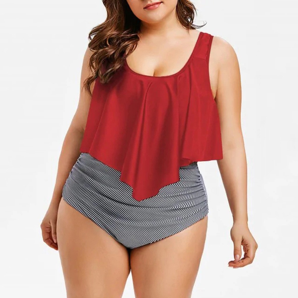 Cross-border European and American Swimsuit New bikini High Waist Ruffle Printed Swimsuit Striped Split bikini Plus Size