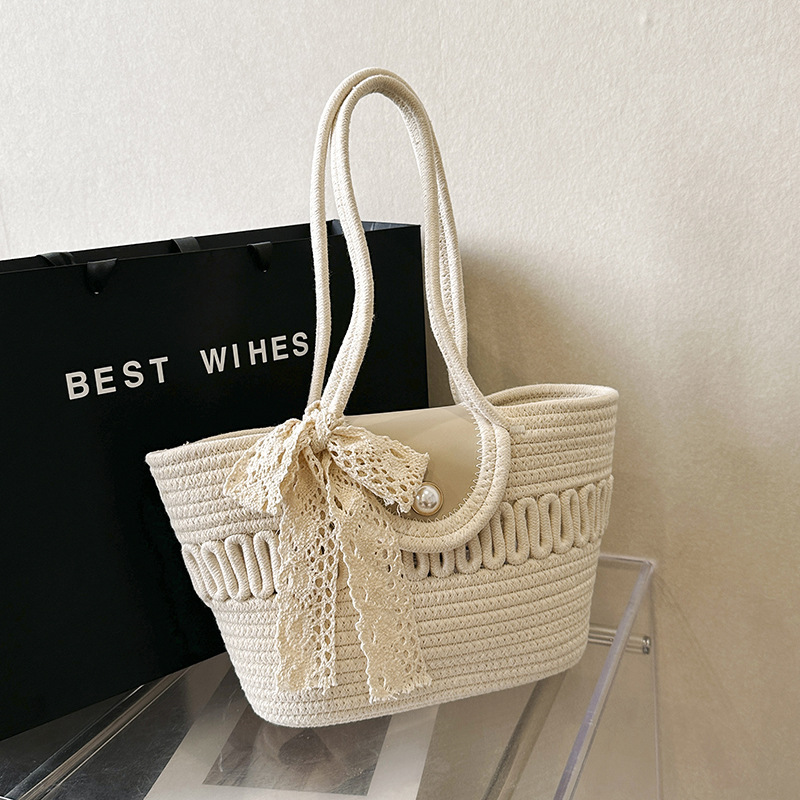 This year's popular simple silk scarf 2024 summer new woven hand basket trendy portable shoulder armpit women's bag