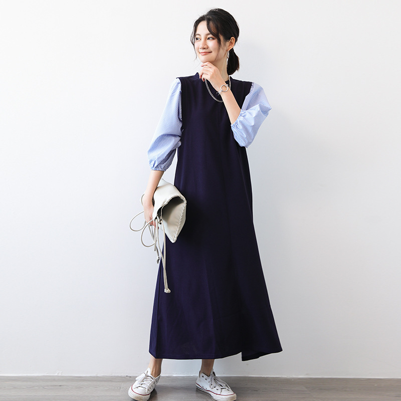 Japanese Style Stitching Puff Sleeve dress Mid-length Loose Fake Two-piece Set Commuter Elegant Summer Round Neck dress