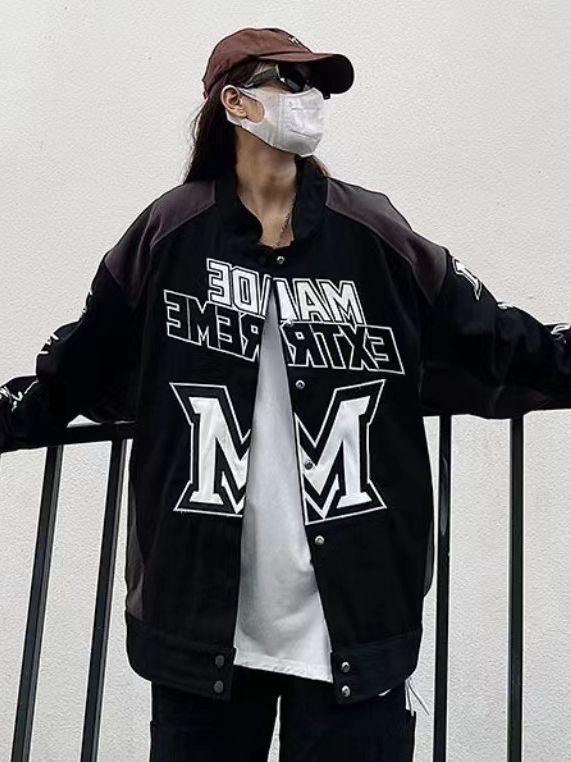 American Retro Street High Street Heavy Industry Racing Motorcycle Jacket Retro Color Crossblock Letters Men's and Women's National Fashion Loose Jacket