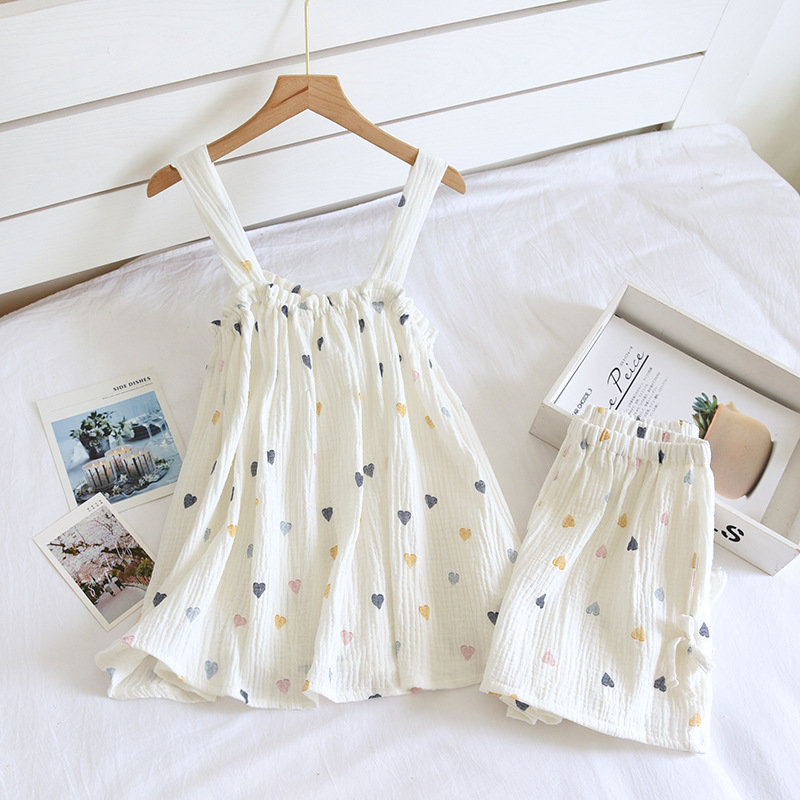 Pajamas Women's Summer New Pure Cotton Gauze Sling Shorts Vest Set Korean Style Cotton Yarn Sweet Loose Home Clothes